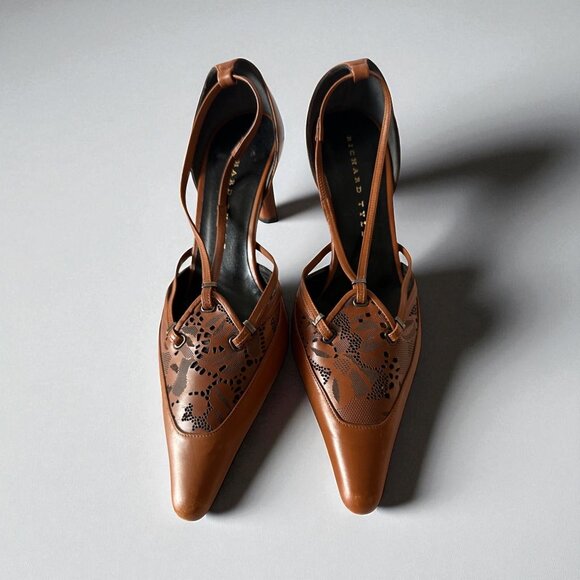 RICHARD TYLER Vintage Saddle Tan Leather Heels Size 37 - Picture 1 of 8